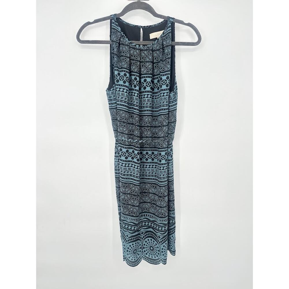 LOFT Tribal Dress Blue Black Scallop Hem Sleeveless Size 6 Belted Geometric